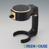 黑色手持式啤酒金泡機，帶有金色飾邊和黃金色開關，底部有黑色支架。