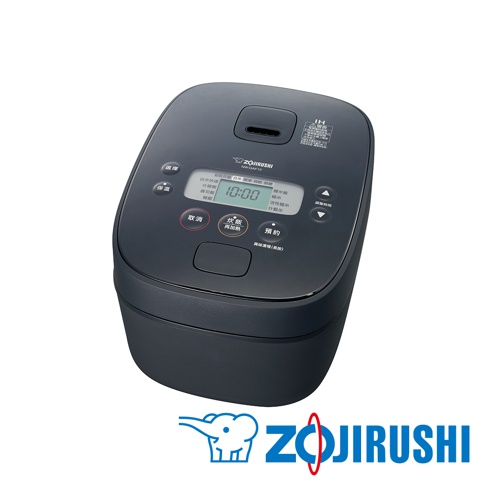 全黑色的IH電子鍋，機身呈圓潤的橢圓形，頂部設有顯示螢幕和多個功能按鍵，螢幕顯示時間為10:00，按鍵周圍帶有白色標示，下方有兩個方形按鈕，底部為黑色霧面材質。