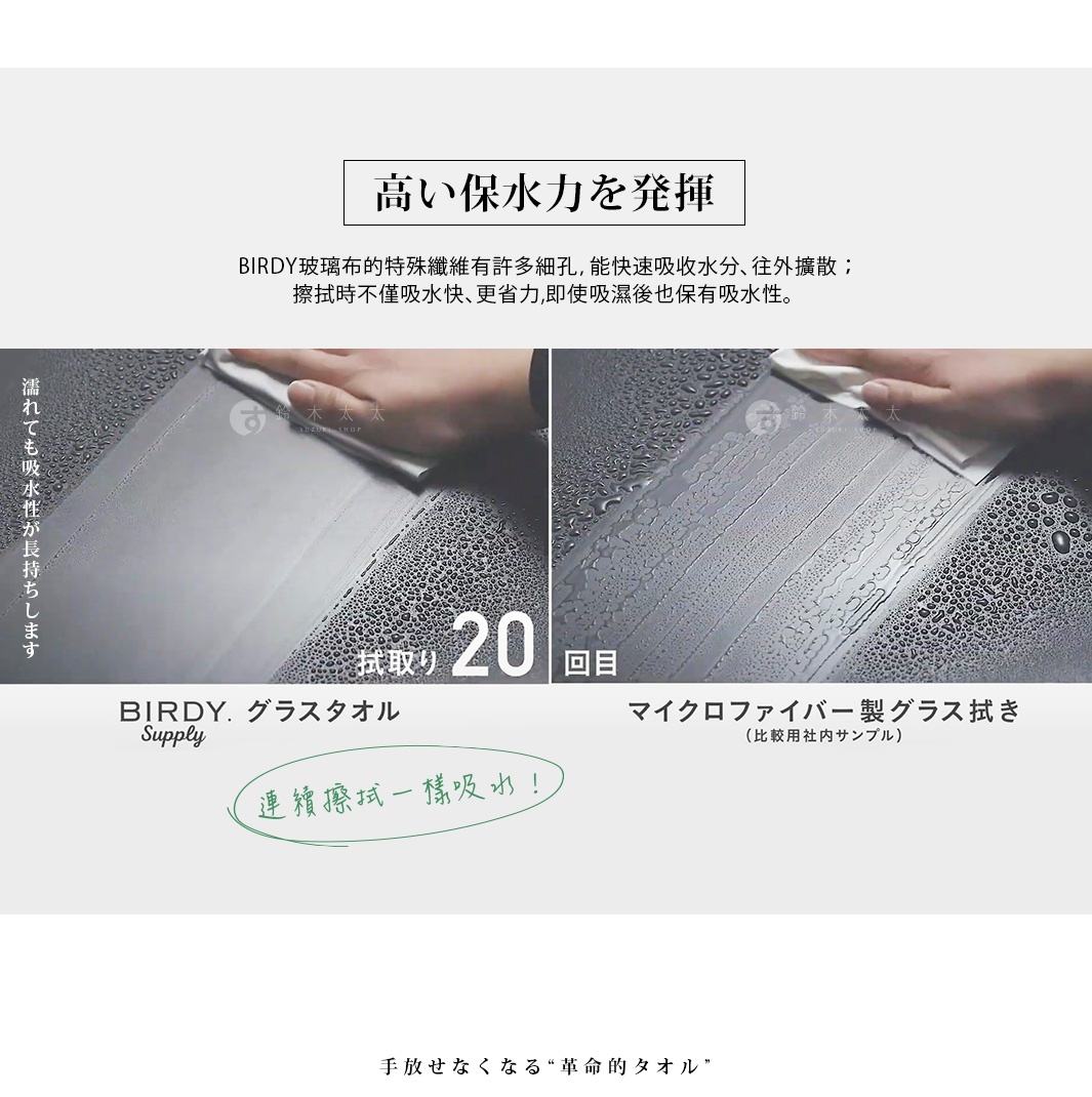 展示兩張特寫，展示灰色超細纖維擦拭布擦拭玻璃表面，水滴被布料迅速吸收。其中一張顯示擦拭了 20 次，另一張則顯示了布料的紋理。
