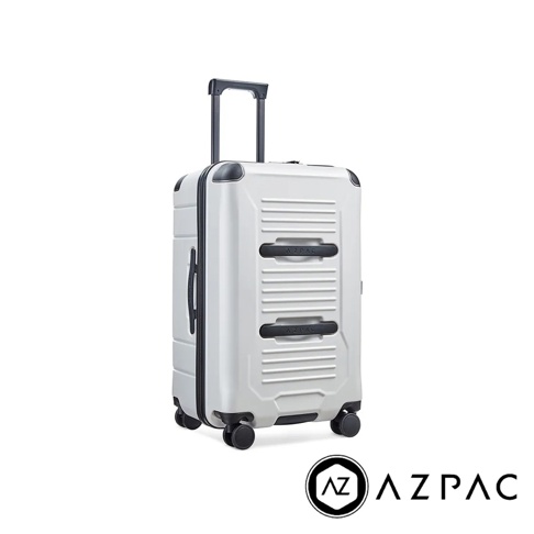 AZPAC Trucker 2.0 26吋煞車防爆旅行箱，白色硬殼材質，配備可伸縮拉桿、側邊提把及四個萬向輪。箱體表面有橫向壓紋和兩個黑色提把，設計簡潔。