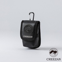 黑色皮革高爾夫球收納腰包，附有金屬掛鉤和品牌標誌。