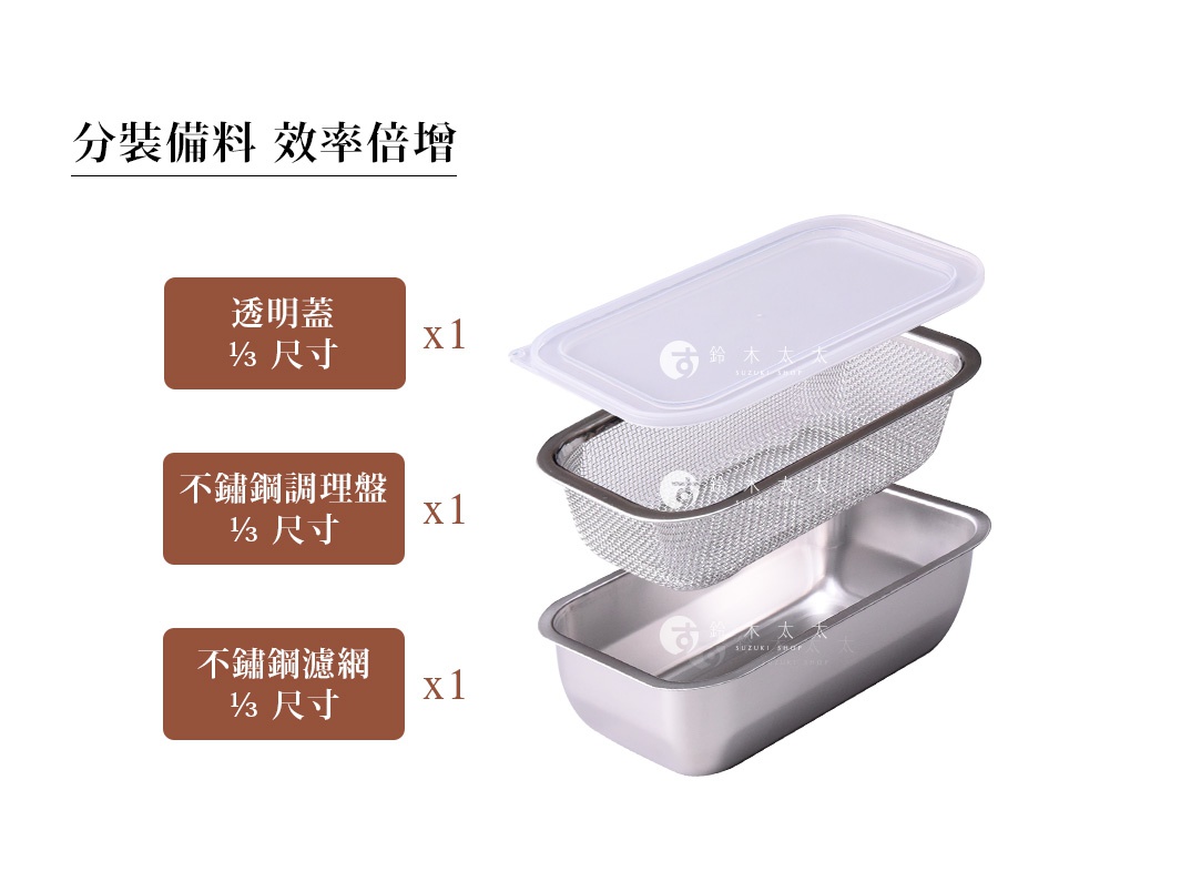 這款 Arnest 不鏽鋼多功能濾網保鮮盒組採用分層設計，包含一個透明塑膠上蓋、一個不鏽鋼細孔濾網籃以及一個不鏽鋼長方形儲存底盤，均為 1/3 尺寸，適合食材分裝與瀝水保鮮。
