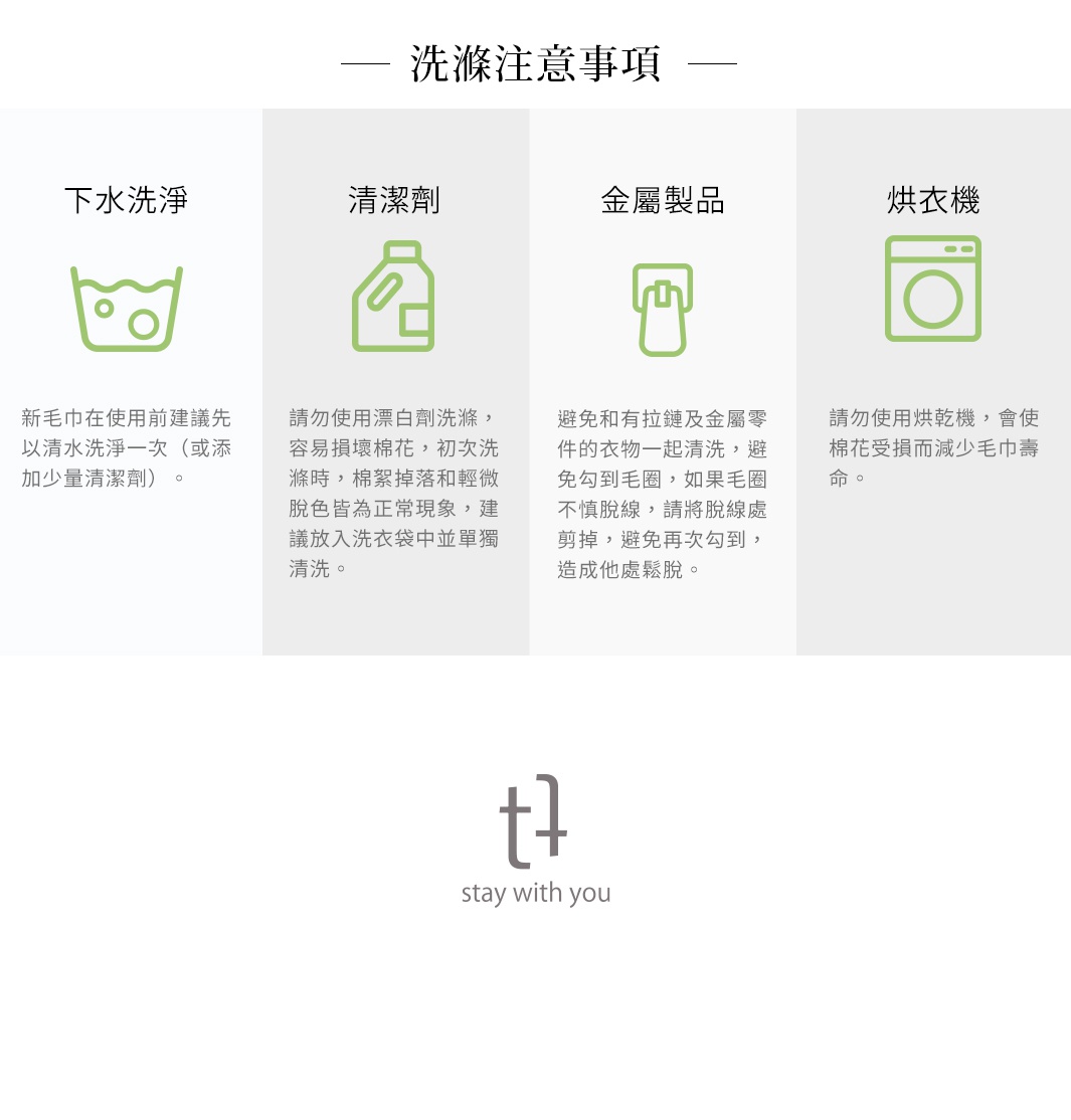 圖片文字：洗滌注意事項，下水洗淨，新毛巾在使用前建議先以清水洗淨一次或添加少量清潔劑。清潔劑，請勿使用漂白劑洗滌，容易損壞棉花，初次洗滌時，棉絮掉落和輕微脫色皆為正常現象，建議放入洗衣袋中並單獨清洗。金屬製品，避免和有拉鍊及金屬零件的衣物一起清洗，避免勾到毛圈，如果毛圈不慎脫線，請將脫線處剪掉，避免再次勾到，造成他處鬆脫。烘衣機，請勿使用烘衣機，會使棉花受損而減少毛巾壽命。下方標誌為 stay w