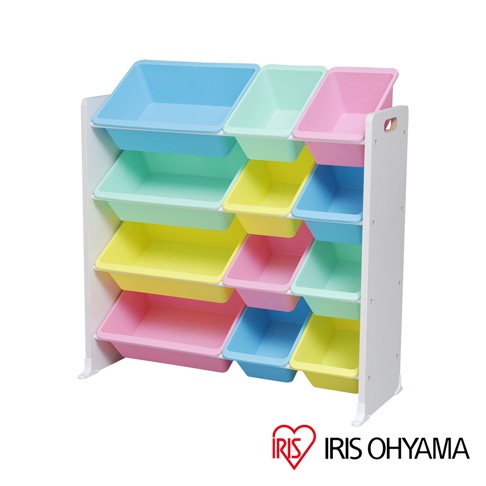 白色木製收納架，配有十二個可拆卸的塑膠收納盒，顏色包含淺藍、淺綠、粉紅和黃色，收納盒呈斜面設計，方便取物。