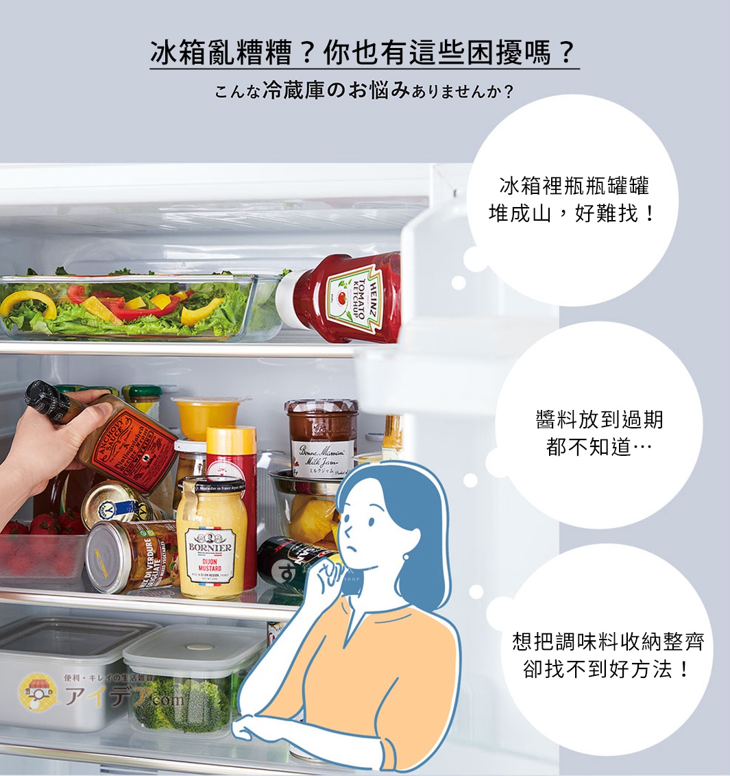 冰箱亂糟糟？你也有這些困擾嗎？
冰箱裡瓶瓶罐罐堆成山，好難找！
醬料放到過期都不知道…
想把調味料收納整齊卻找不到好方法！