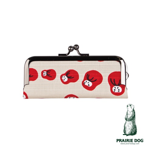 和布華印鑑收納口金包，米白色布面上印有紅色卡通造型圖案，搭配金屬開口設計。