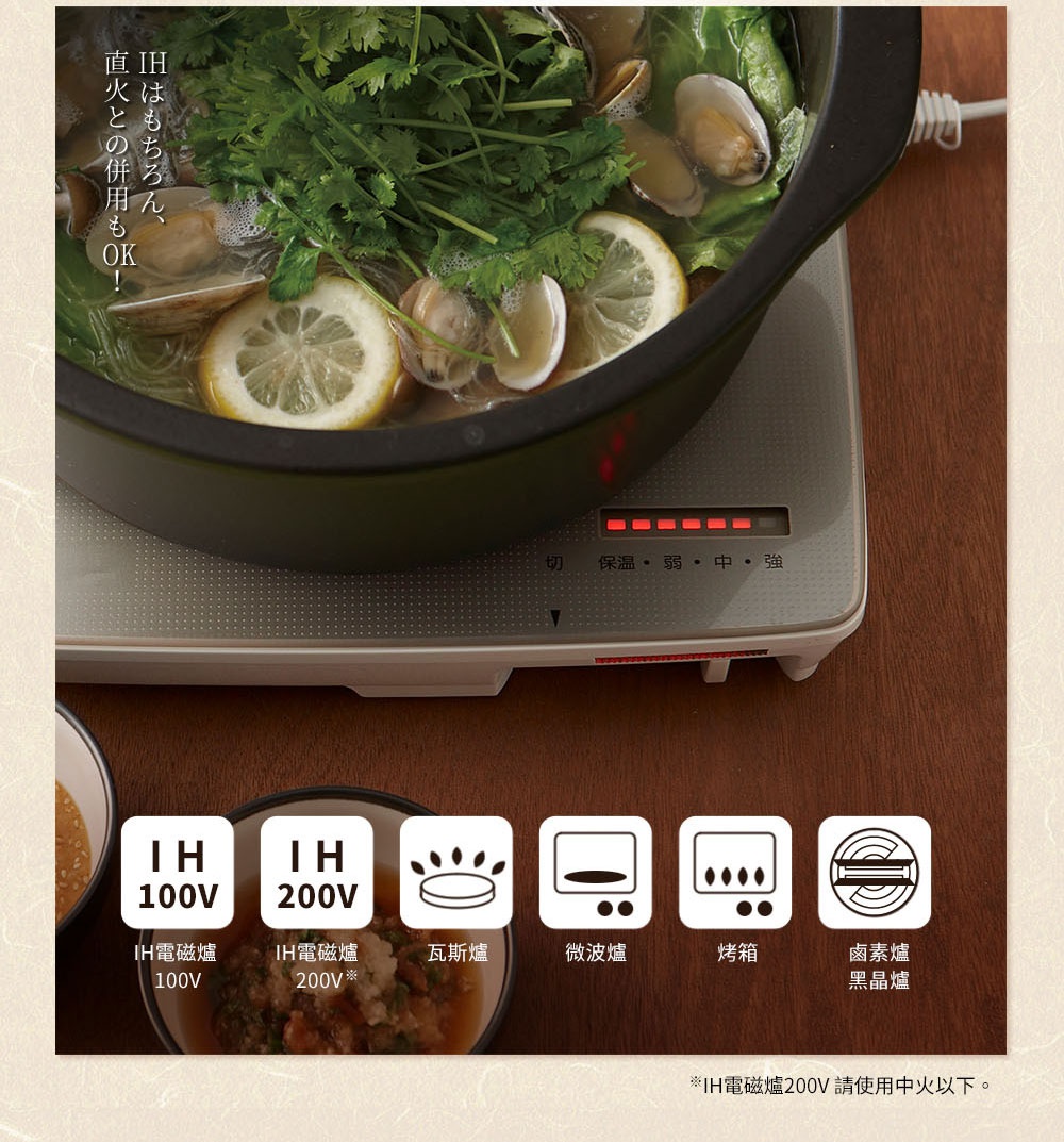 IH系列9號耐溫差洋風陶土湯鍋，內含蛤蜊、檸檬片、香菜與粉絲，正在 IH 電磁爐上烹煮。湯鍋為深綠色，鍋身有紅彩銀葉的圖案。電磁爐為白色，顯示溫度控制面板。