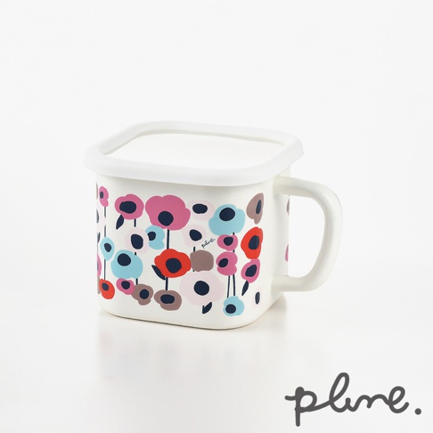 白色琺瑯保鮮罐，帶有圓形手把，罐身印有粉色、藍色、紅色、棕色和黑色花朵圖案，搭配白色方形蓋子。