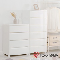 白色六層抽屜式組合收納櫃，設有四個抽屜的矮櫃和六個抽屜的高櫃，材質為塑膠，設計簡潔，適合居家收納。