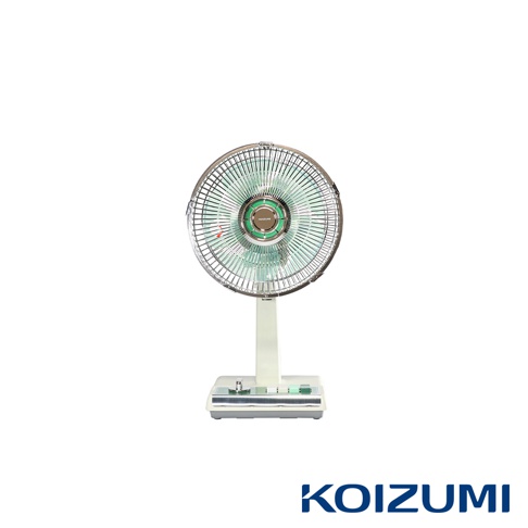 米白色復古電風扇，10吋，扇葉與中心圓盤為淺綠色，外圍為銀色金屬網罩，搭配米白色底座及控制面板。