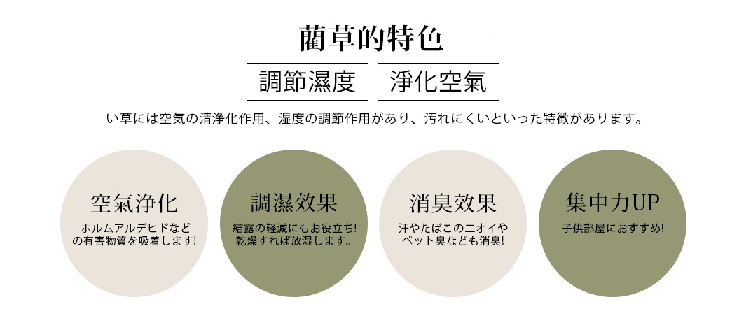 AskDoctors 藺草透氣親膚單人涼蓆 (88×200cm) 的特色圖示，包含「調節濕度」、「淨化空氣」、「空氣淨化」、「調濕效果」、「消臭效果」、「集中力UP」等文字，搭配不同顏色的圓形背景。