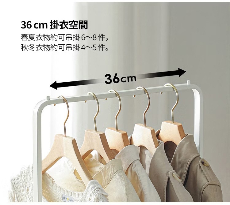 圖片文字：36 cm 掛衣空間。春夏衣物約可吊掛 6 至 8 件，秋冬衣物約可吊掛 4 至 5 件。白色金屬材質的衣架橫桿細節圖，上方標示出 36 公分的掛衣寬度，並展示了五個掛有米色及淺棕色系衣物的木質衣架。