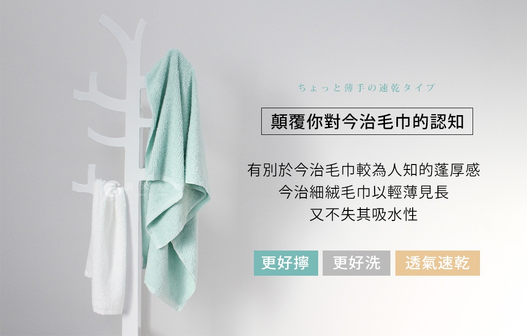 展示兩條今治毛巾，一條淺綠色，一條白色，皆為細絨材質，懸掛於白色樹枝狀掛架上。