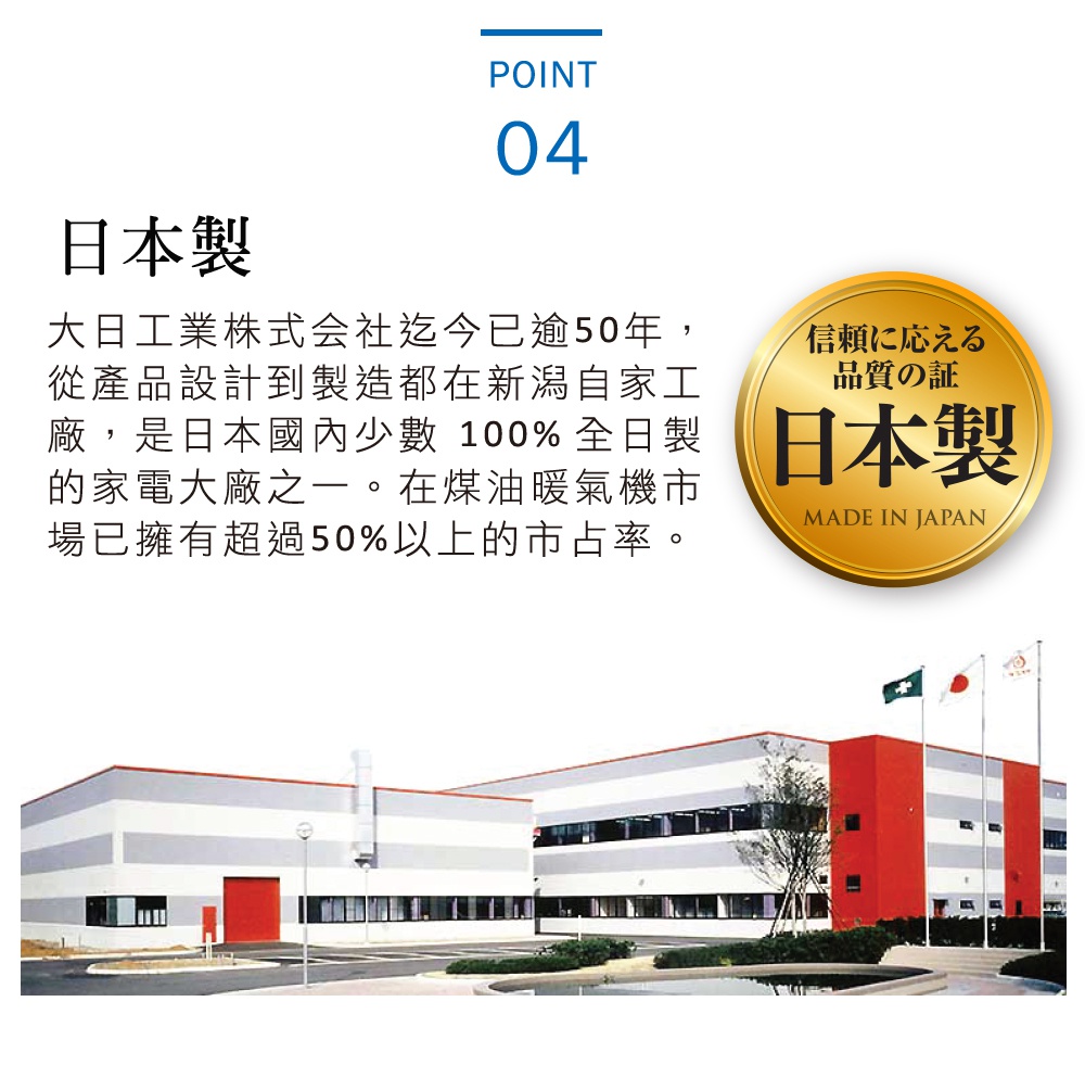 圖片文字：日本製造 大日工業株式會社迄今逾50年，從產品設計到製造都在新潟自家工廠，是日本國內少數100%全日製的家電大廠之一。在煤油暖氣機市場已擁有超過50%以上的市佔率。 信頼に応える 品質の証 日本製 MADE IN JAPAN