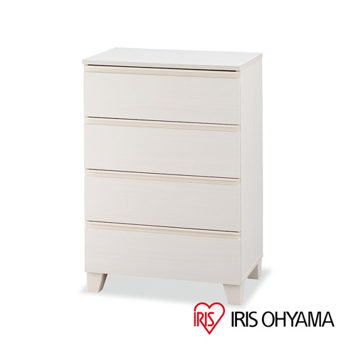 白色木製四層抽屜收納櫃，帶有簡約線條和四個櫃腳。