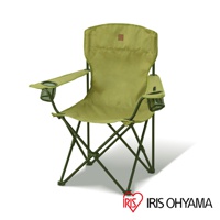 橄欖綠高款摺疊野餐椅，採用耐磨布料製成，配有黑色金屬支架和兩個網狀置物袋。