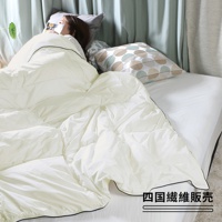 一床米白色雲絨被，被面有明顯的絎縫紋路，柔軟蓬鬆，覆蓋在床上，一旁有印有圓形圖案的枕頭。