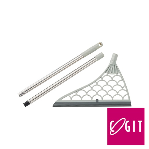 灰色可水洗瀝水掃帚，包含兩個可伸縮的不鏽鋼掃把桿，以及一個帶有扇形鏤空設計和橡膠刮條的掃帚頭。