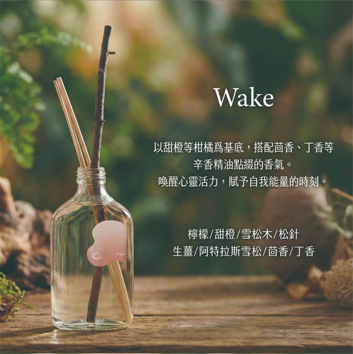 Wake 香氛擴香瓶，搭配檜木擴香棒，以柑橘、丁香等精油調香，喚醒心靈活力。