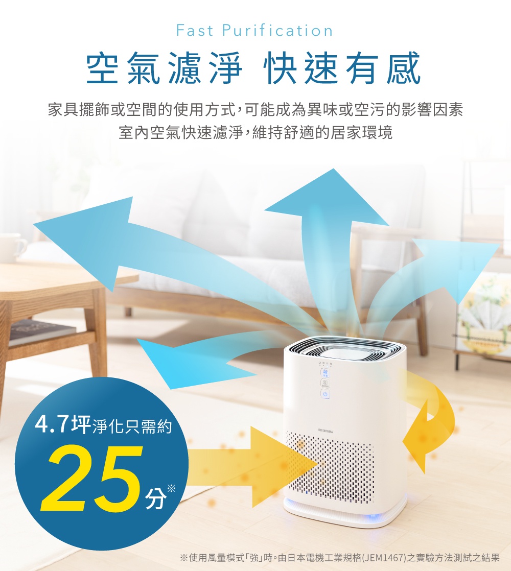 白色圓潤造型的空氣清淨機，搭配藍色與黃色箭頭，象徵空氣淨化與流動。產品上方有控制面板，下方有藍色燈光。