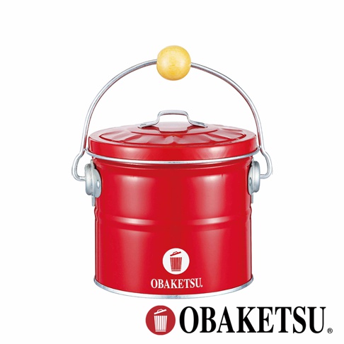 OBAKETSU 手工製蚊香桶，紅色，附有木質提把和蓋子，底部有品牌標誌