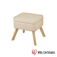 北歐風收納椅凳，米白色布面，帶有置物功能，四支木質椅腳，簡約設計。