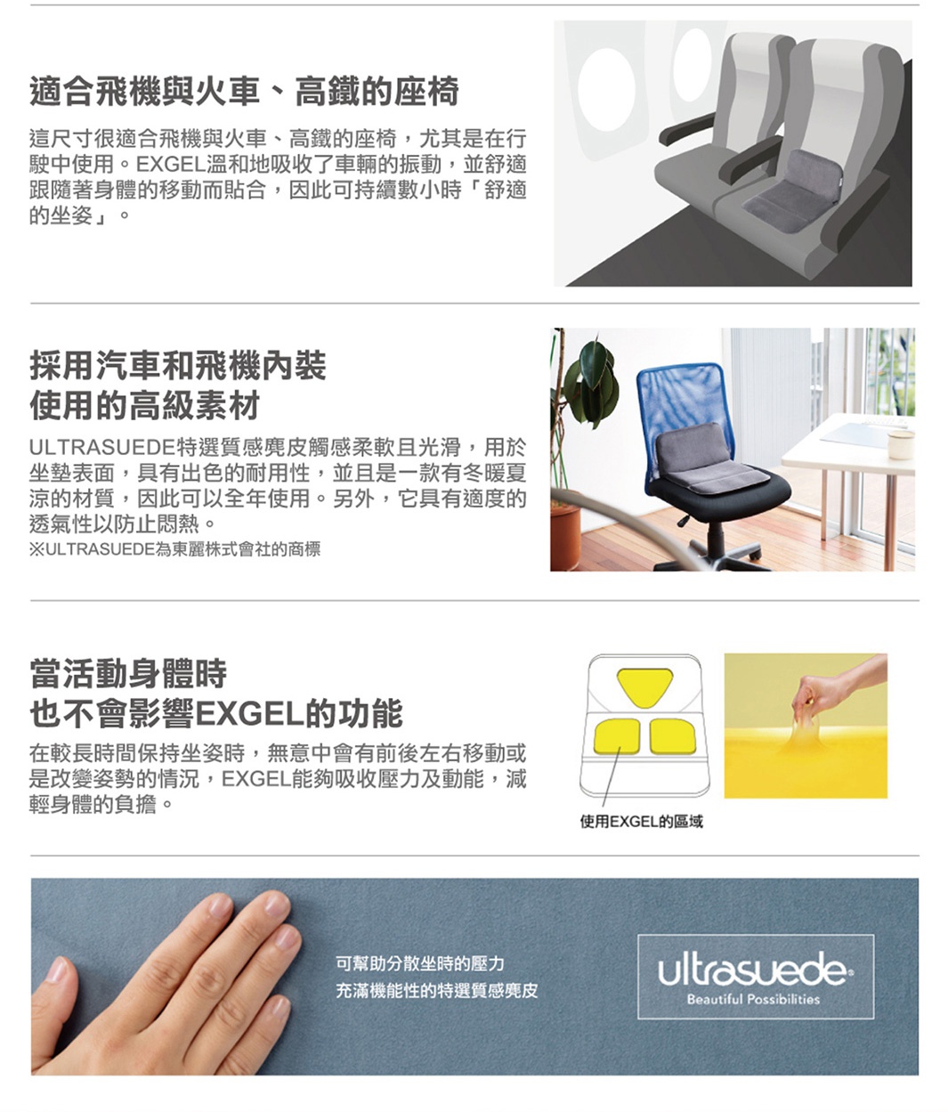 灰色行動折疊腰靠坐墊，採用柔軟耐磨的麂皮絨材質，可適配飛機、火車、高鐵座椅，也適用於辦公椅。