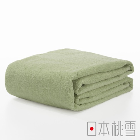 一條淡綠色超大浴巾，材質柔軟，表面有細緻絨毛，對折層疊，放在白色背景上。