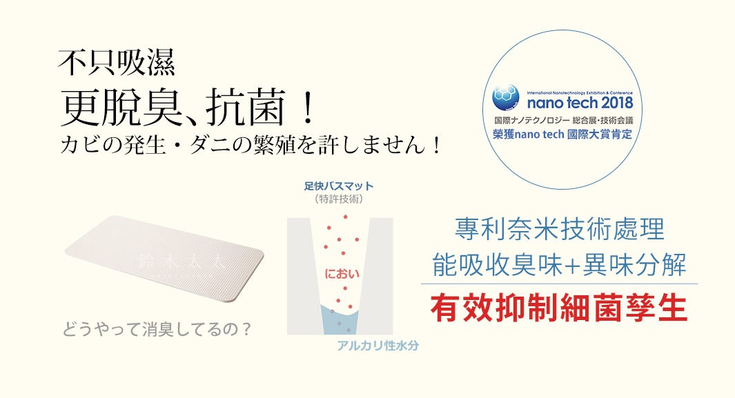 寬版白色珪藻土置物墊，表面有細緻的條紋紋理。圖片右側包含獲得 nano tech 國際大獎的標誌，以及說明產品具備奈米技術處理，能吸收異味、分解異味並抑制細菌孳生。