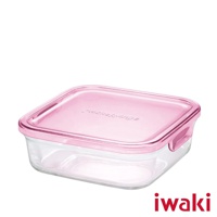 透明玻璃製成的方形保鮮盒，搭配粉紅色蓋子，盒蓋上有「PACK & RANGE」字樣。