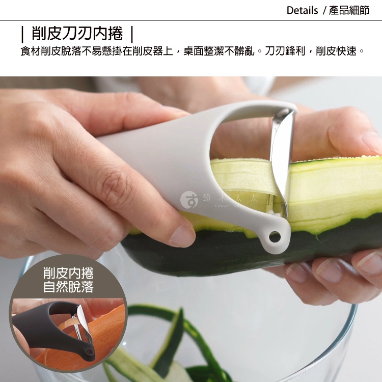 圖片文字：削皮刀刃內捲，食材削皮脫落不易懸掛在削皮器上，桌面整潔不髒亂。刀刃鋒利，削皮快速。削皮內捲自然脫落。