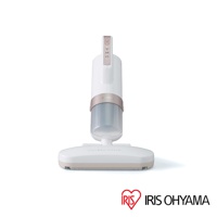 白色圓筒狀的除螨清淨機，配有透明集塵筒和玫瑰金飾帶，機身頂部有操作按鈕，底部是寬扁的吸頭，印有「CYCLONE STREAM」字樣。