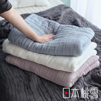 疊放的八層紗雙人透氣被，由上至下顏色分別為淺藍、白色、淺紫和灰色。被子呈現蓬鬆的紋理，手觸感良好。