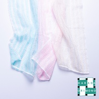 三條蓬鬆的泡泡洗澡巾，分別為淺藍色、粉紅色和白色，材質輕盈，紋理細緻，呈現柔和的漸層色彩。