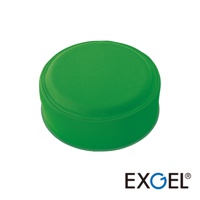 YUKA PUNI 綠色圓形墊高座墊，採用織物材質，頂部有明顯的縫線分隔，側面為圓柱體，下方為較淺的圓形底座。