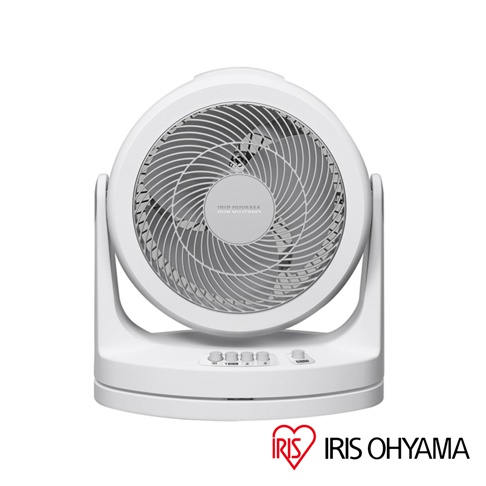 白色IRIS OHYAMA PCF-HM23 空氣循環扇，帶有灰色扇葉和前面板，可調節角度的底座上有控制按鈕。