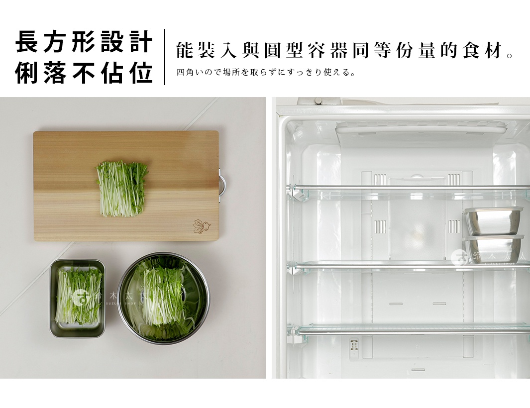 圖片文字：長方形設計俐落不佔位，能裝入與圓型容器同等份量的食材。四角いので場所を取らずにすっきり使える。 這張圖分為左右兩部分，左側展示長方形不鏽鋼盒與圓形容器擺放相同份量食材的對比，下方有木質砧板；右側顯示兩層長方形不鏽鋼盒整齊收納在冰箱層架上的場景，強調其外型設計能有效節省空間。