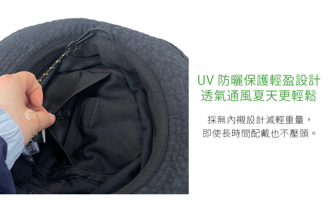 黑色的戶外機能漁夫帽，材質表面有紋理，內側有網狀透氣織帶和一個掛繩環，帽緣有織標。