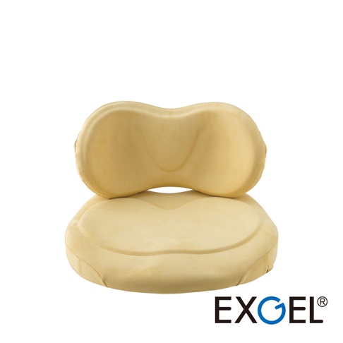 黃色HUG COMFY PREMIUM背部支撐坐墊，為兩件式設計，上方為腰部支撐枕，下方為坐墊，皆為網狀布料材質，呈現曲線造型。