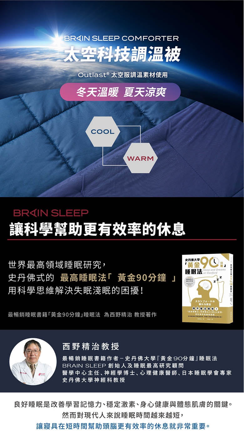 太空科技調溫被，雙人被，藍色，材質為Outlast®太空服調溫素材，被子呈現菱格紋縫製，有COOL與WARM的標示。