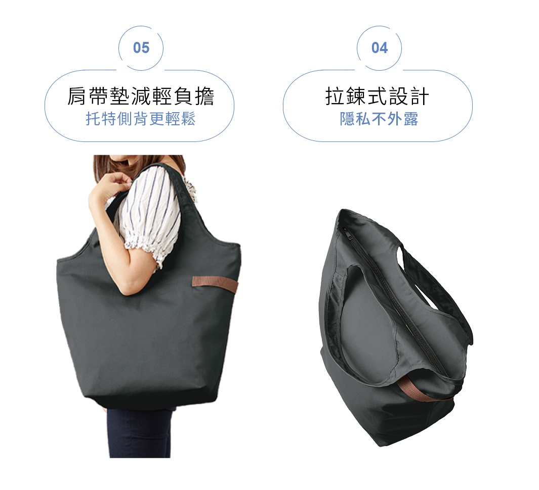 MOTTERU 大容量摺疊保冷托特袋，展示肩帶減輕負擔設計，以及方便隱私的拉鍊式設計。
