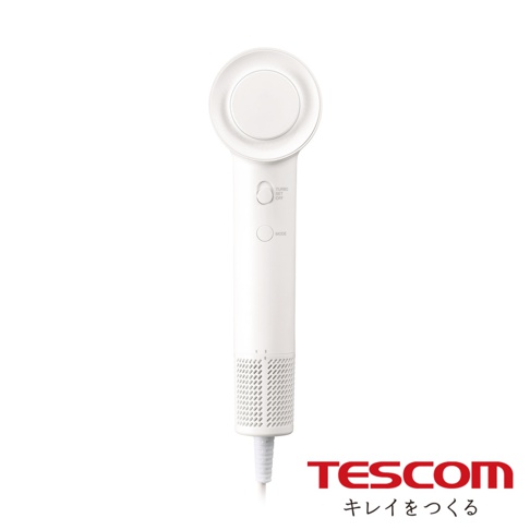 TD760 專業負離子吹風機，雲朵白色，握柄處有TURBO SET OFF及MODE按鈕，底部進風口為網狀設計。