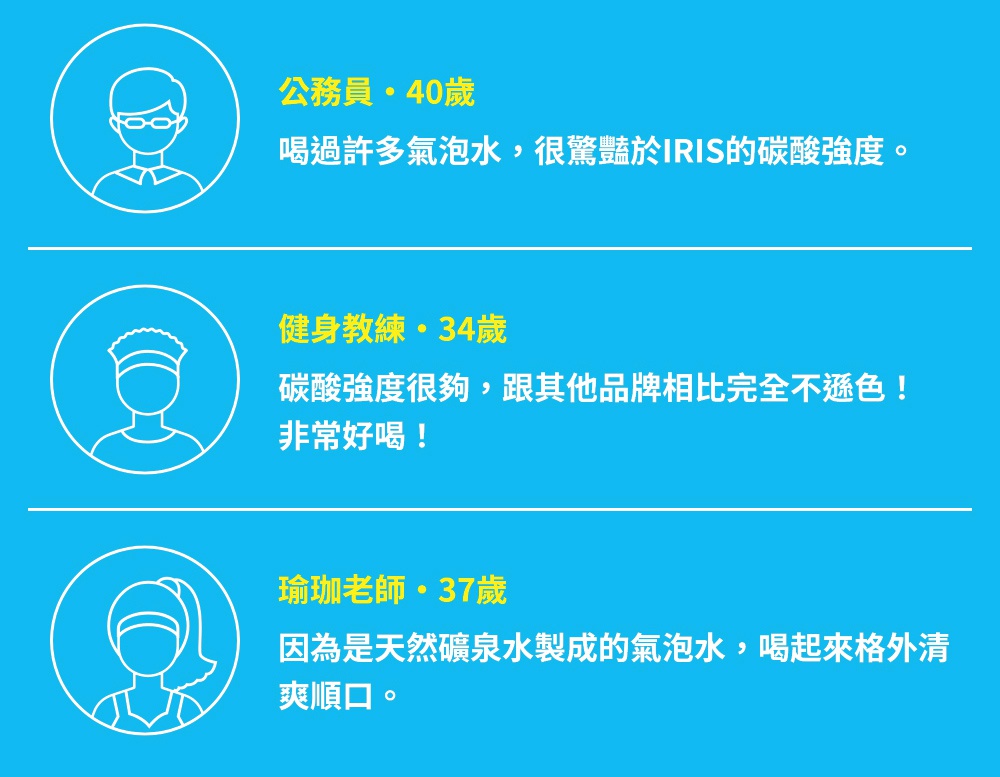 三位使用者（公務員、健身教練、瑜珈老師）的頭像與正面評價，背景為藍色，使用白色線條與文字。
