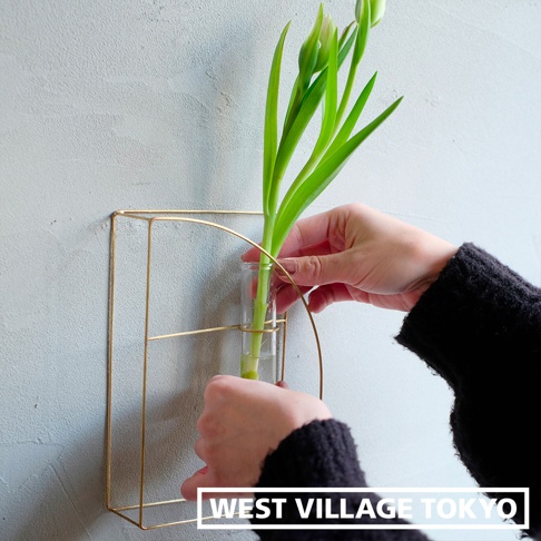 黃銅金屬線條構成的簡約方形書架式掛擺兩用花器，內置玻璃試管，展示綠色植物。