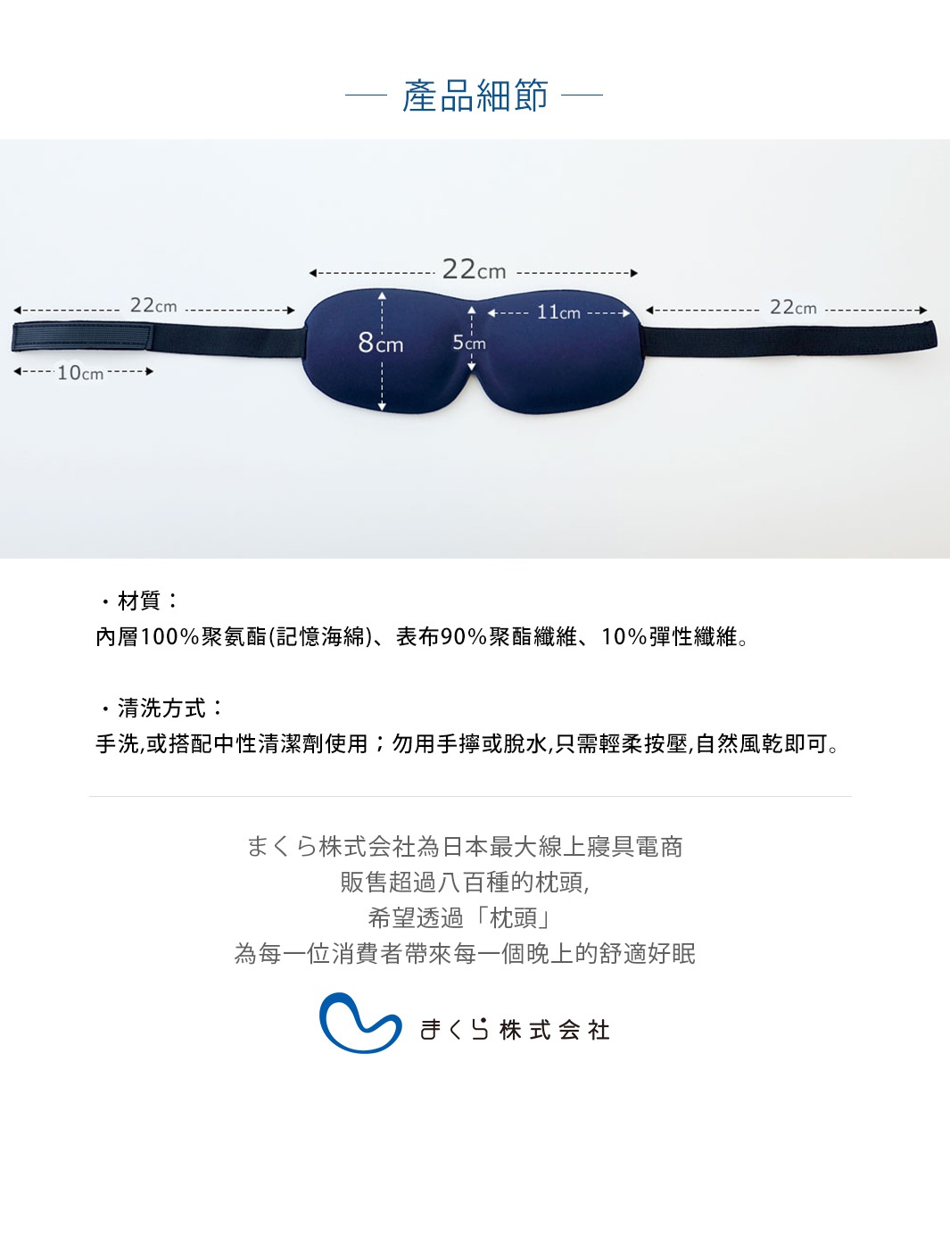深藍色零壓感舒眠眼罩，材質為記憶海綿內層，表布為聚酯纖維與彈性纖維混紡。眼罩設計有弧度，並附有彈性頭帶，尺寸標示為 22cm x 8cm，鼻翼處約 5cm 高，頭帶寬度約 1.5cm，總長約 22cm。