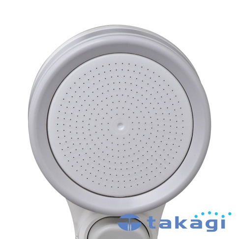 白色圓形蓮蓬頭，頂部有密集的細小出水孔，周圍有灰色邊框，下方有灰色按鈕，底部有takagi品牌標誌。