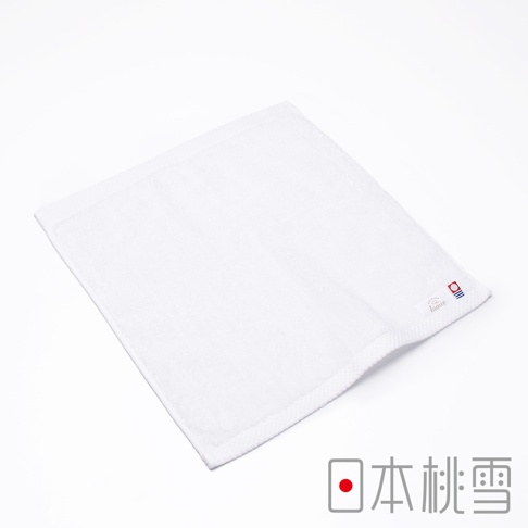 一張純白色今治超長棉方巾，材質柔軟，表面有細緻織紋，右下角繡有「hiarie」品牌標誌及日本國旗圖案。