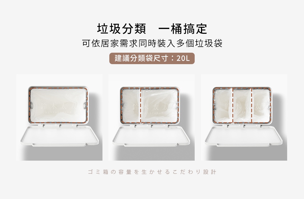 展示了三個白色分類垃圾桶的頂部視角，每個垃圾桶的蓋子都打開，內部裝有垃圾袋。左側垃圾桶內部有一個垃圾袋，中間垃圾桶內部有兩個垃圾袋，右側垃圾桶內部有三個垃圾袋，顯示其分類功能。