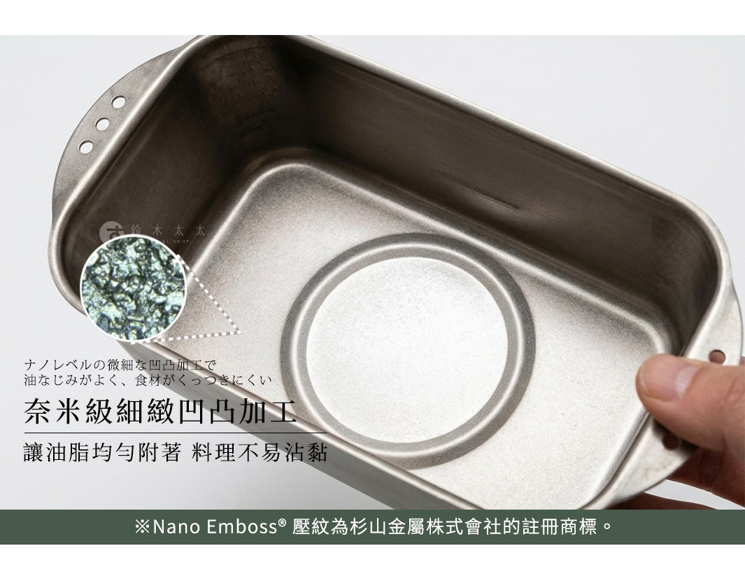 金屬方形炸物鍋特寫，鍋內底部呈現圓形凸起設計，並透過局部放大圓圈展示鍋面具備納米級細緻凹凸加工，這項Nano Emboss技術能讓油脂均勻附著，達到料理不沾黏的效果。