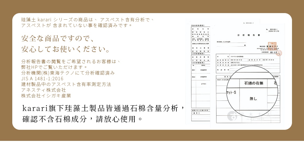 珪藻土矽膠防滑花型杯墊二入組，展示石綿檢測報告，結果顯示無石綿。